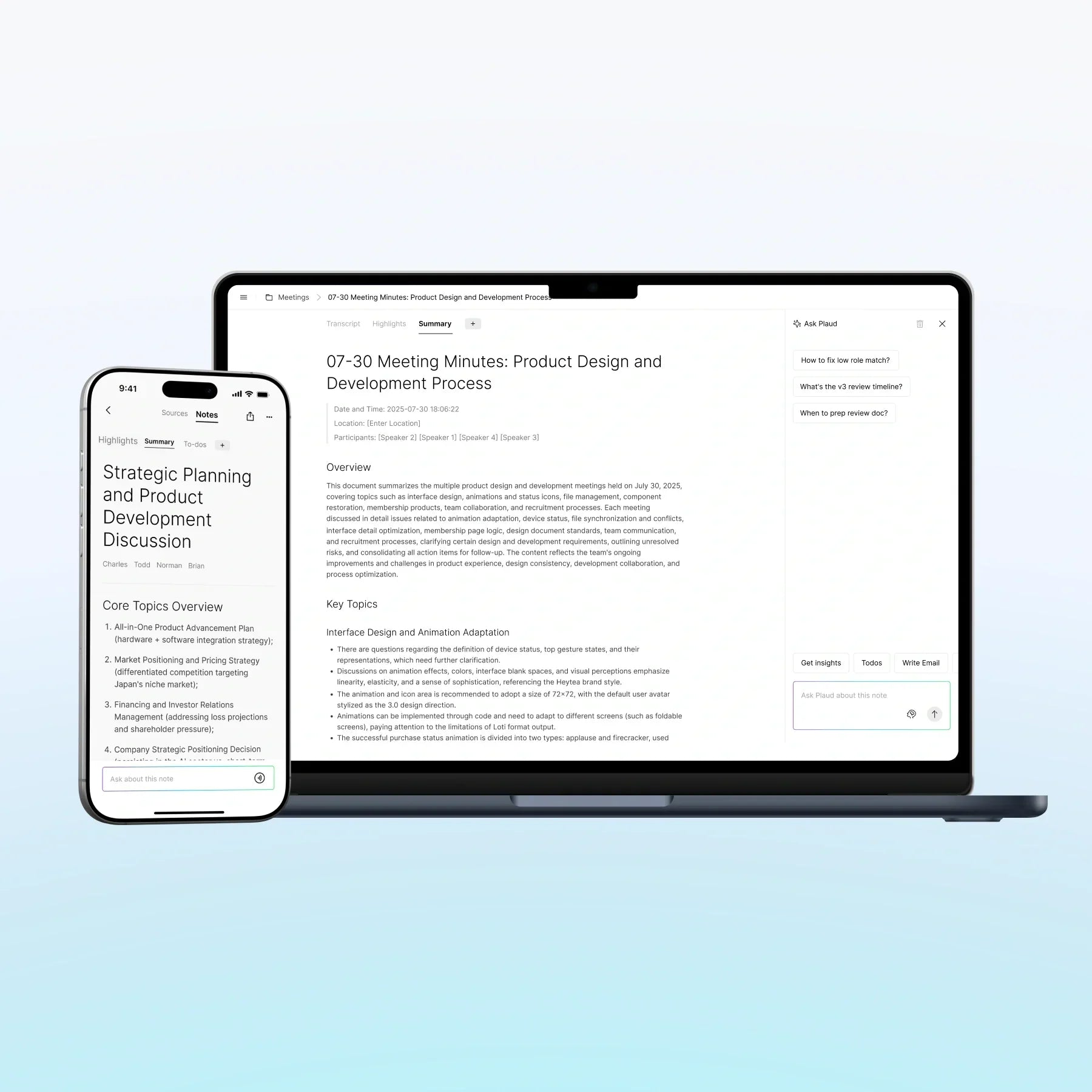 Screens of Plaud App 3.0 showcasing a clean UI and AI features like Ask Plaud and multidimensional summaries.